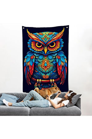 Mandala Renkli Baykuş Duvar Örtüsü-7554