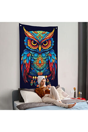 Mandala Renkli Baykuş Duvar Örtüsü-7554
