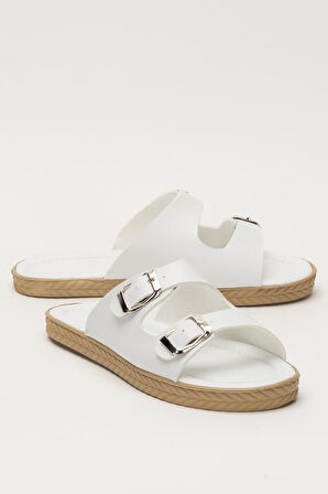 Kadın Çift Bant Ayarlanabilr Tokalı Terlik BEYAZ