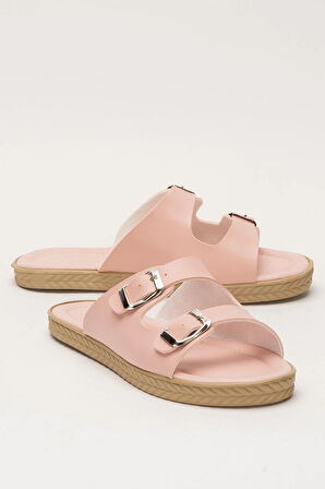 Kadın Çift Bant Ayarlanabilr Tokalı Terlik PUDRA