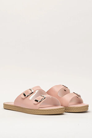 Kadın Çift Bant Ayarlanabilr Tokalı Terlik PUDRA