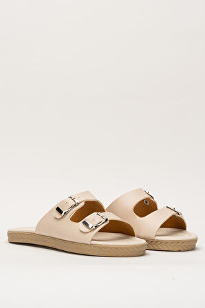 Kadın Çift Bant Ayarlanabilr Tokalı Terlik KREM