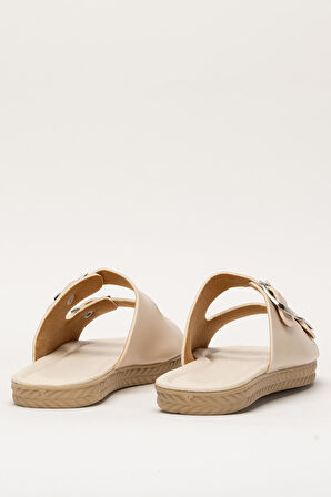 Kadın Çift Bant Ayarlanabilr Tokalı Terlik KREM