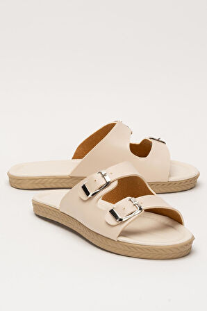 Kadın Çift Bant Ayarlanabilr Tokalı Terlik KREM