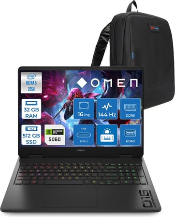 Hp Omen 16-AM0037NT Intel Core Ultra 5 225H 32GB Ddr5 512GB SSD RTX5060 8gb Gddr7 Freedos 16 Inç Wuxga (1920X1200) 144Hz 300NITS IPS Taşınabilir Bilgisayar C39JBEAF13 + Zetta Çanta