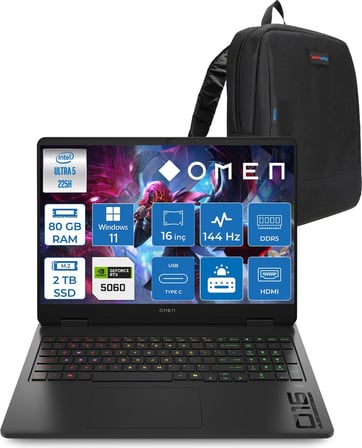 Hp Omen 16-AM0037NT Intel Core Ultra 5 225H 80GB Ddr5 2tb SSD RTX5060 8gb Gddr7 Windows 11 Pro 16 Inç Wuxga (1920X1200) 144Hz 300NITS IPS Taşınabilir Bilgisayar C39JBEAP39 + Zetta Çanta