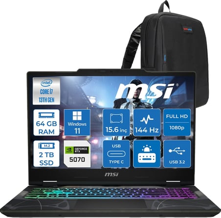 MSI Msı Cyborg 15 Intel Core I7 13620H 64GB Ddr5 2tb SSD RTX5070 Gddr7 8gb Windows 11 Home 15.6" Fullhd (1920X1080) 144HZ IPS Taşınabilir Bilgisayar B13WGKG847XTRH29 + Zetta Çanta
