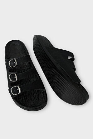 Kadın Üç Bant Ayarlanabilr Tokalı Terlik SİYAH