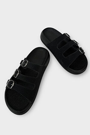 Kadın Üç Bant Ayarlanabilr Tokalı Terlik SİYAH