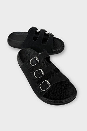 Kadın Üç Bant Ayarlanabilr Tokalı Terlik SİYAH