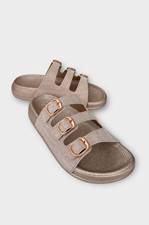 Kadın Üç Bant Ayarlanabilr Tokalı Terlik BRONZ