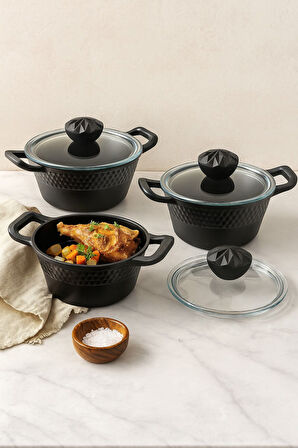 CVS Döküm Tencere Seti 6 Parça 16-18-20 cm | Fırına Girebilir Kapaklı Derin Tencere Seti