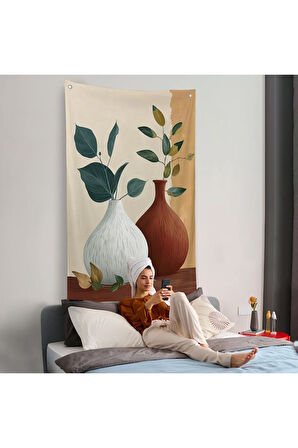 Vazoların İçindeki Yapraklar Duvar Örtüsü-7556