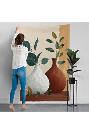 Vazoların İçindeki Yapraklar Duvar Örtüsü-7556