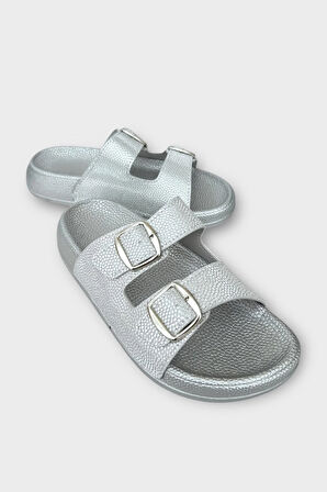 Kadın Simli Çift Bant Ayarlanabilr Tokalı Terlik GÜMÜŞ