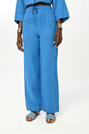 KADIN BELİ LASTİKLİ BOL PAÇA DÜZ RENK KETEN PANTOLON