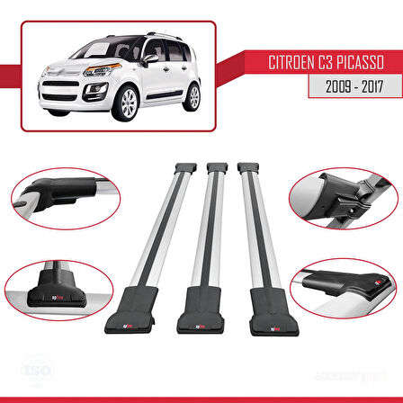 Citroen C3 Picasso 2009-2017 Arası ile Uyumlu FLY Model Ara Atkı Tavan Barı Gri 3 Adet