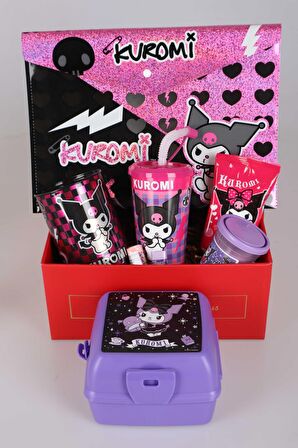 YENİ SEZON LİSANSLI KUROMI GIFT BOX ÖZEL KUTULU PİPETLİ BARDAK,BESLENME KABI İLE KIRTASİYE OKUL SETİ