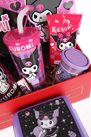 YENİ SEZON LİSANSLI KUROMI GIFT BOX ÖZEL KUTULU PİPETLİ BARDAK,BESLENME KABI İLE KIRTASİYE OKUL SETİ