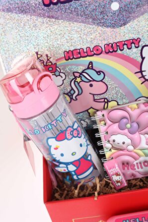 DEKOMUS İLE ÖZEL KUTULU LİSANSLI HELLO KITTY MATARA VE BESLENME KABI İLE KIRTASİYE OKUL SETİ