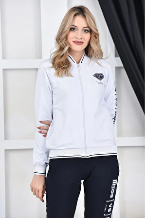 Kadın Iki Iplik Pamuklu Beyaz Dik Yaka Fermuarlı Baskılı Eşofman Takımı - 7559