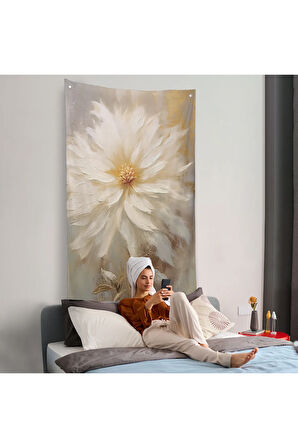 Yağlıboya Görünümlü Beyaz Çiçek Duvar Örtüsü-7559