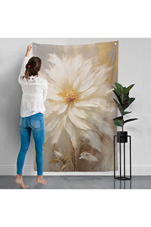 Yağlıboya Görünümlü Beyaz Çiçek Duvar Örtüsü-7559