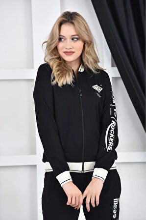 Kadın Iki Iplik Pamuklu Siyah Dik Yaka Fermuarlı Baskılı Eşofman Takımı - 7559