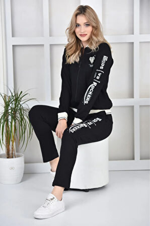 Kadın Iki Iplik Pamuklu Siyah Dik Yaka Fermuarlı Baskılı Eşofman Takımı - 7559