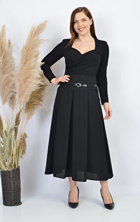 SORALLİNE KADIN MEVSİMLİK CEPLİ PİLELİ ETEK 90 CM BOYUNDA 755 ETAMİN DESEN SİYAH