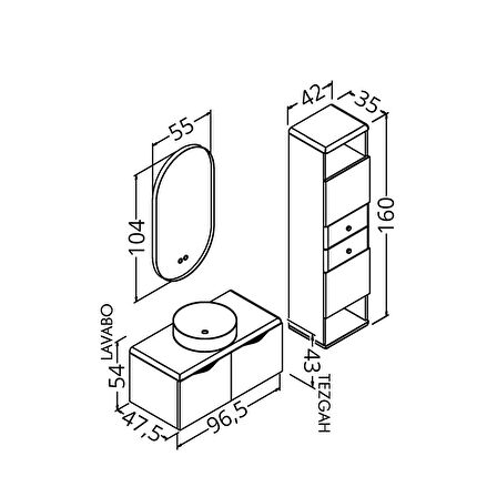 BELISSIMO 100 CM ANTRASİT LAVABOLU BANYO DOLABI  ANTRASİT /  KAYIN  - BOY DOLAP DAHİL