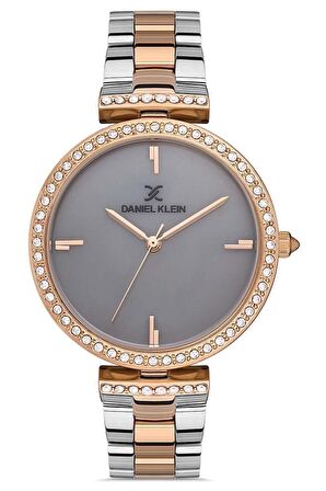 Daniel Klein Rose Gold/Metalik Gri Kadranlı Taşlı Kadın Kol Saati + Zirkon Taşlı Bileklik