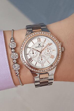 Daniel Klein Çelik Bilezik Rose Gold/Metalik Taşlı Kadın Kol Saati + Zirkon Taşlı Bileklik