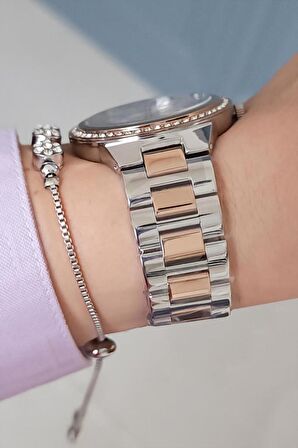 Daniel Klein Çelik Bilezik Rose Gold/Metalik Taşlı Kadın Kol Saati + Zirkon Taşlı Bileklik