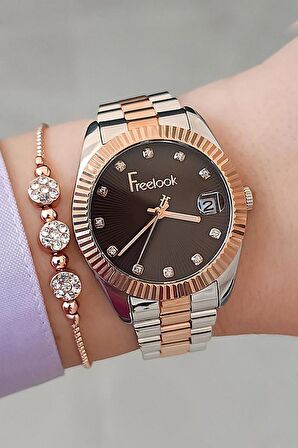 Freelook Kahverengi Kadran Rose Gold/Metalik Kadın Kol Saati + Zirkon Taşlı Bileklik