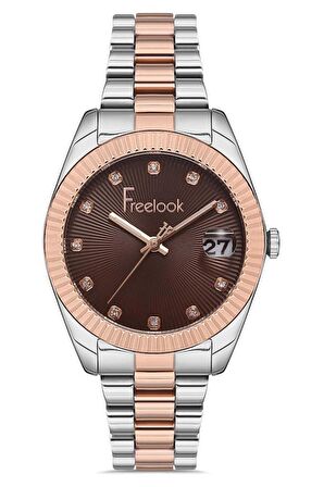 Freelook Kahverengi Kadran Rose Gold/Metalik Kadın Kol Saati + Zirkon Taşlı Bileklik