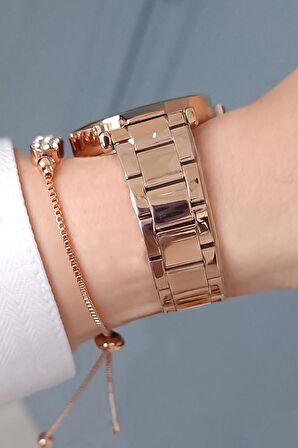 Yeni Model Kesme Camlı Çelik Bilezik Rose Gold Siyah Kadran Kadın Kol Saati + Zirkon Taşlı Bileklik