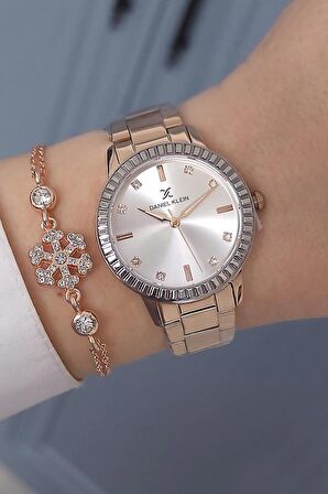 Taşlı Çelik Bilezik Rose Gold Kadın Kol Saati + Kar Tanesi Bileklik