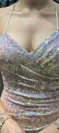 Beyaz  İp Askılı  Sırt Dekolteli  Düz Kesim Desenli Uzun Abiye Elbise 7561