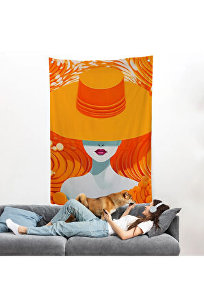 Turuncu Şapkalı Retro Kadın Duvar Örtüsü-7561