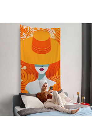Turuncu Şapkalı Retro Kadın Duvar Örtüsü-7561