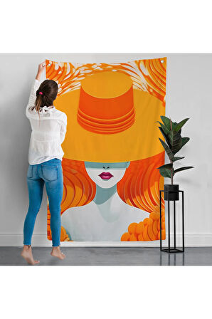 Turuncu Şapkalı Retro Kadın Duvar Örtüsü-7561