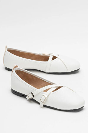 Kadın Çapraz Çift Kemerli Babet Ayakkabı BEYAZ