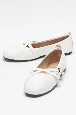 Kadın Çapraz Çift Kemerli Babet Ayakkabı BEYAZ