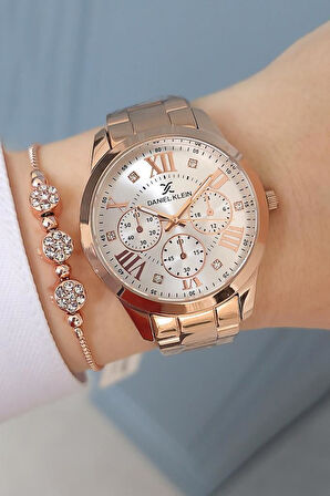 Daniel Klein Rose Gold Çelik Bilezik Taşlı Kadın Kol Saati, Zirkon Taşlı Bileklik Hediyeli
