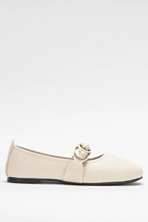 Kadın  Aksesuarlı Bantlı Babet Ayakkabı  KREM