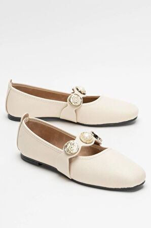 Kadın  Aksesuarlı Bantlı Babet Ayakkabı  KREM