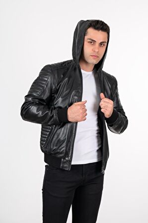 Deri Effect Erkek Siyah Kapüşonlu Hakiki Deri Ceket