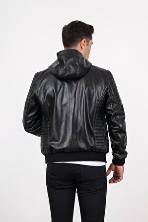 Deri Effect Erkek Siyah Kapüşonlu Hakiki Deri Ceket