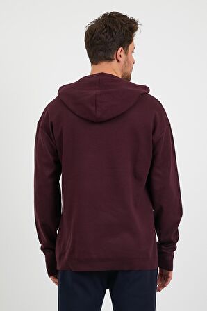 Erkek Comfort Fit Kapüşonlu Düz Sweatshirt Mürdüm